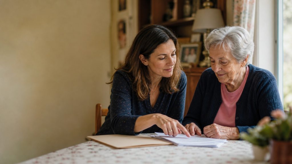 Une aidante familiale accompagne une personne âgée dans la lecture de documents administratifs à domicile.