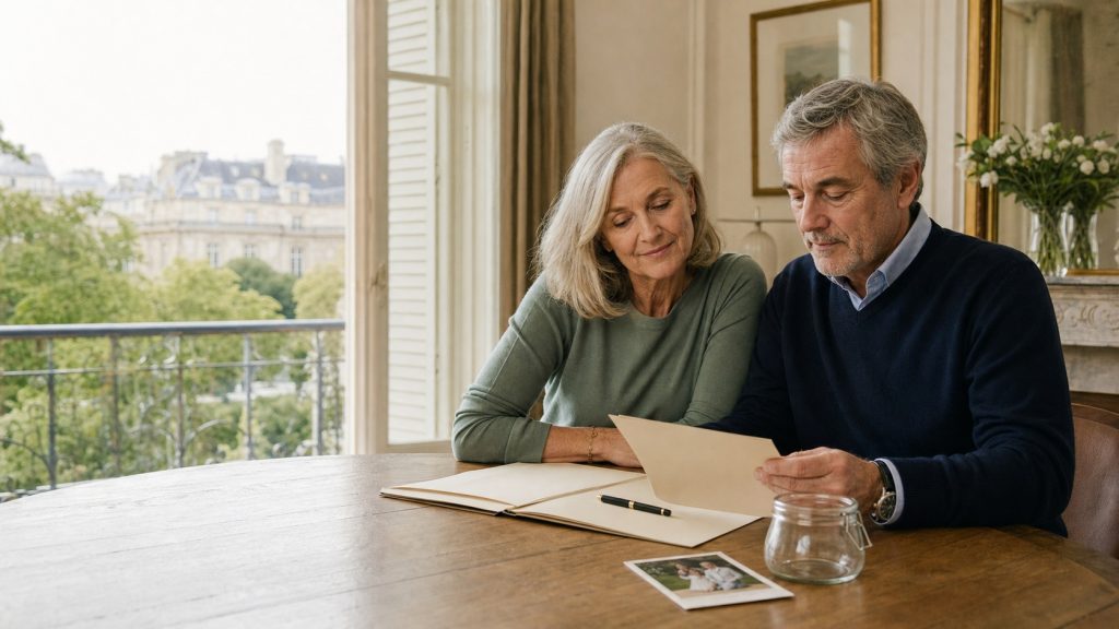 Couple de retraités consultant des documents de succession et d’assurance vie dans un appartement parisien lumineux.