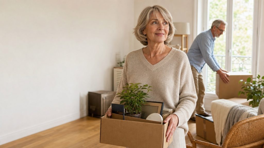 Couple de retraités dans leur nouveau logement, rangeant des cartons lors d’un déménagement serein et organisé