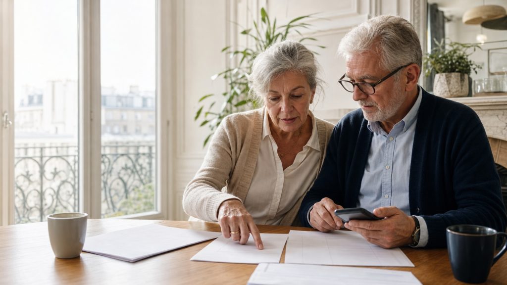 Couple de retraités français comparant des documents de pension et utilisant une calculatrice à une table lumineuse.