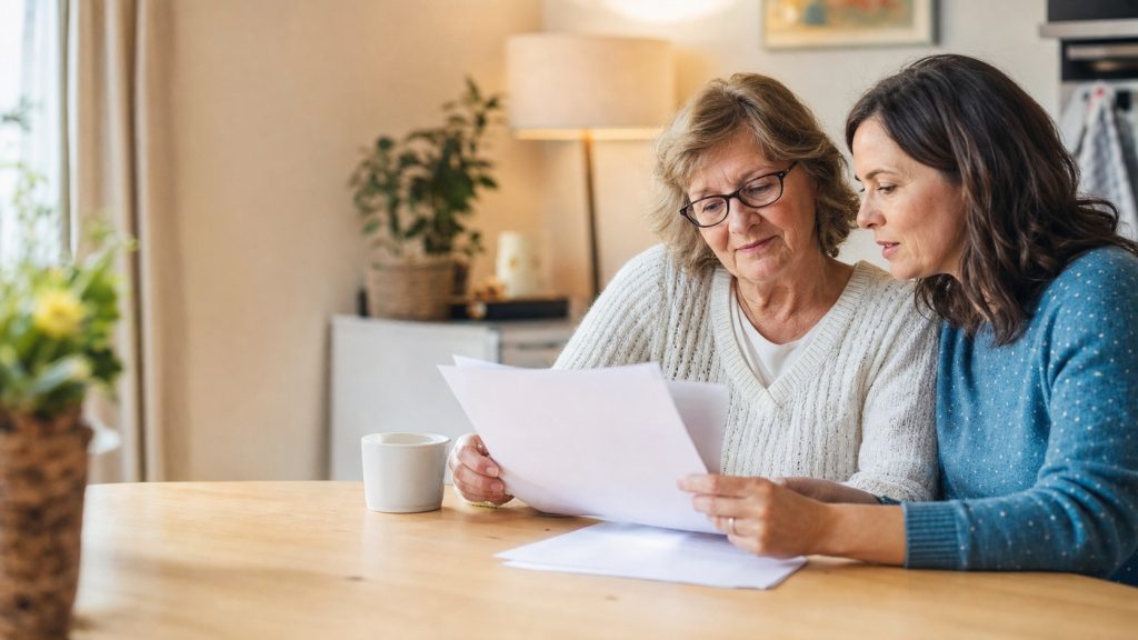 Deux femmes, une senior et sa fille adulte, vérifient ensemble des documents à une table dans un intérieur lumineux et chaleureux.