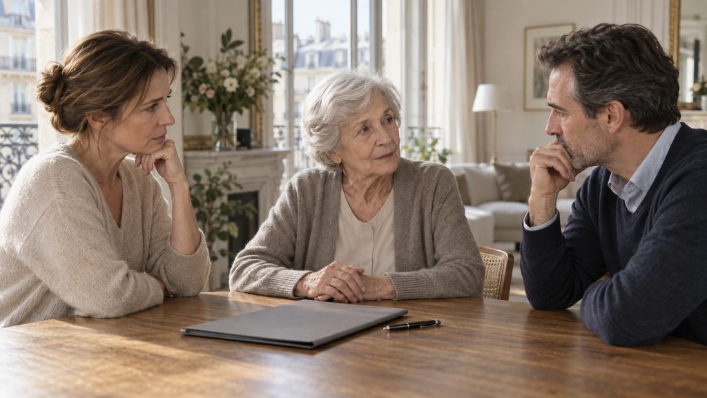 Trois membres d’une famille discutent calmement autour d’une table dans un appartement lumineux, illustrant un conflit familial lié à une mise sous tutelle.