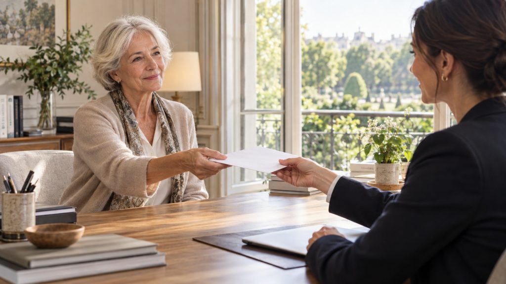 Une femme senior remet une lettre blanche à une professionnelle dans un bureau lumineux, illustrant un départ à la retraite remis en main propre.