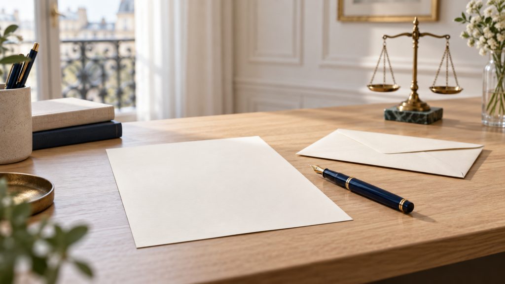 Bureau lumineux avec feuille blanche, enveloppe, stylo plume et balance de justice pour illustrer une lettre au juge des tutelles