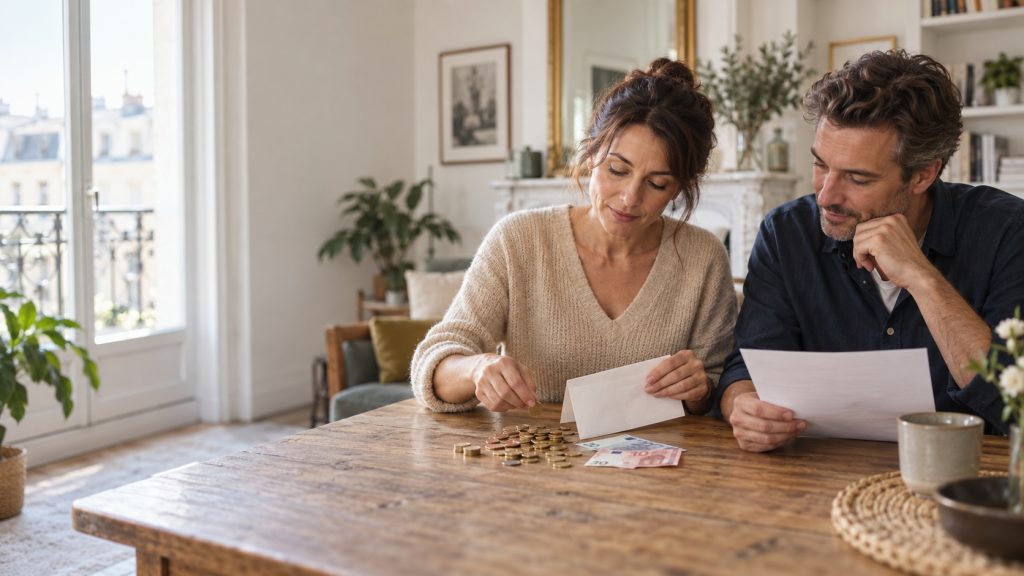 Adulte et proche organisant ensemble un petit budget en espèces sur une table de cuisine lumineuse