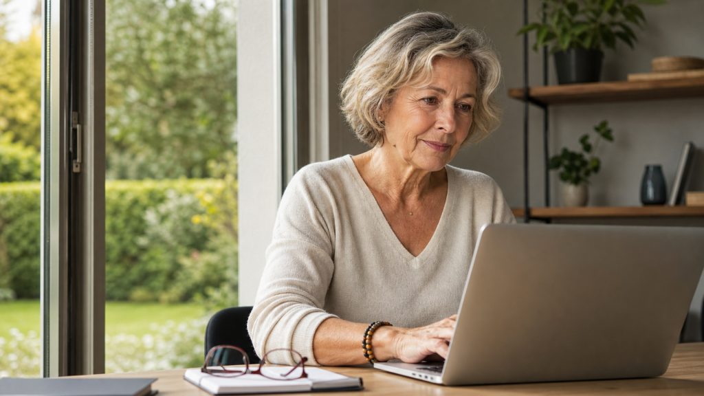 Femme retraitée travaillant sur un ordinateur portable dans un bureau lumineux avec vue sur un jardin