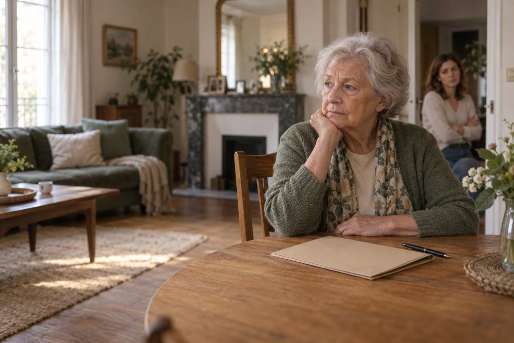 Femme âgée assise devant un dossier neutre dans son salon, tandis qu’une proche apparaît inquiète à l’arrière-plan, illustrant la mise sous tutelle et l’éloignement familial.