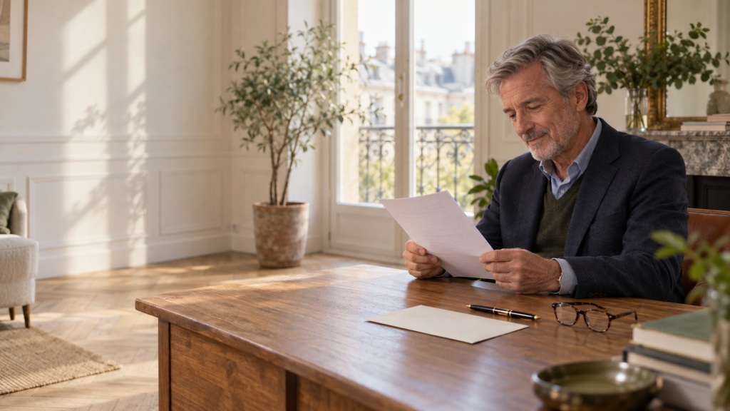 Professionnel retraité relisant une lettre administrative sur un bureau en bois dans un appartement lumineux.