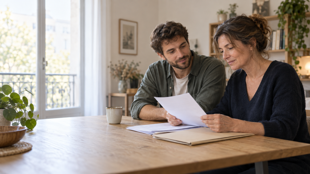 Deux adultes consultent sereinement des documents administratifs dans un appartement lumineux, illustration de la curatelle simple et des démarches MDPH.