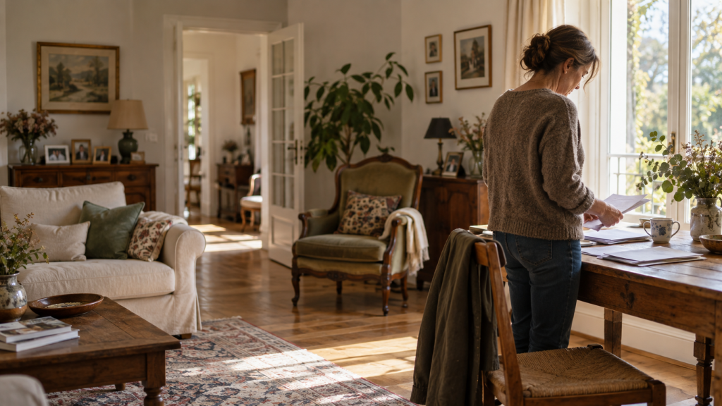 Femme adulte consultant des documents dans le salon lumineux et chaleureux d’une maison familiale française.