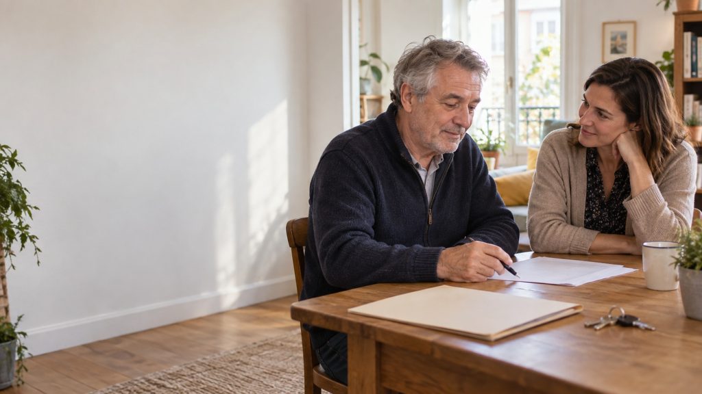 Locataire adulte accompagné par une proche lors de la consultation de documents de location dans un appartement lumineux.