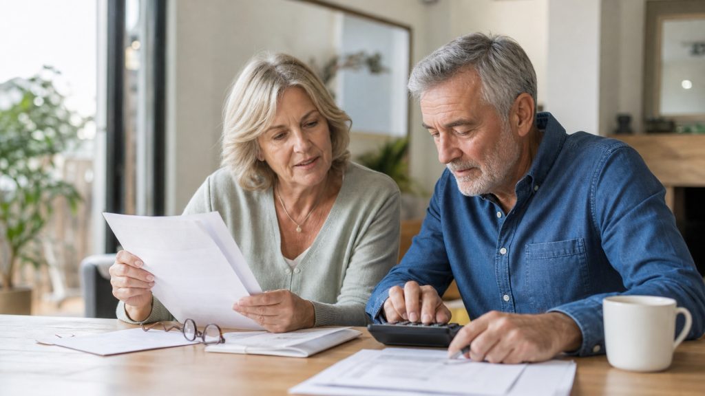 Couple de futurs retraités examinant leur budget et calculant leurs revenus à domicile.